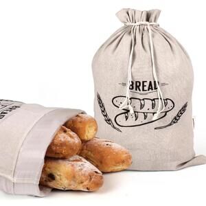 Linen Bread Bags, 2 Pack Reusable Bread Storage, Plastic Lined 20x14 in